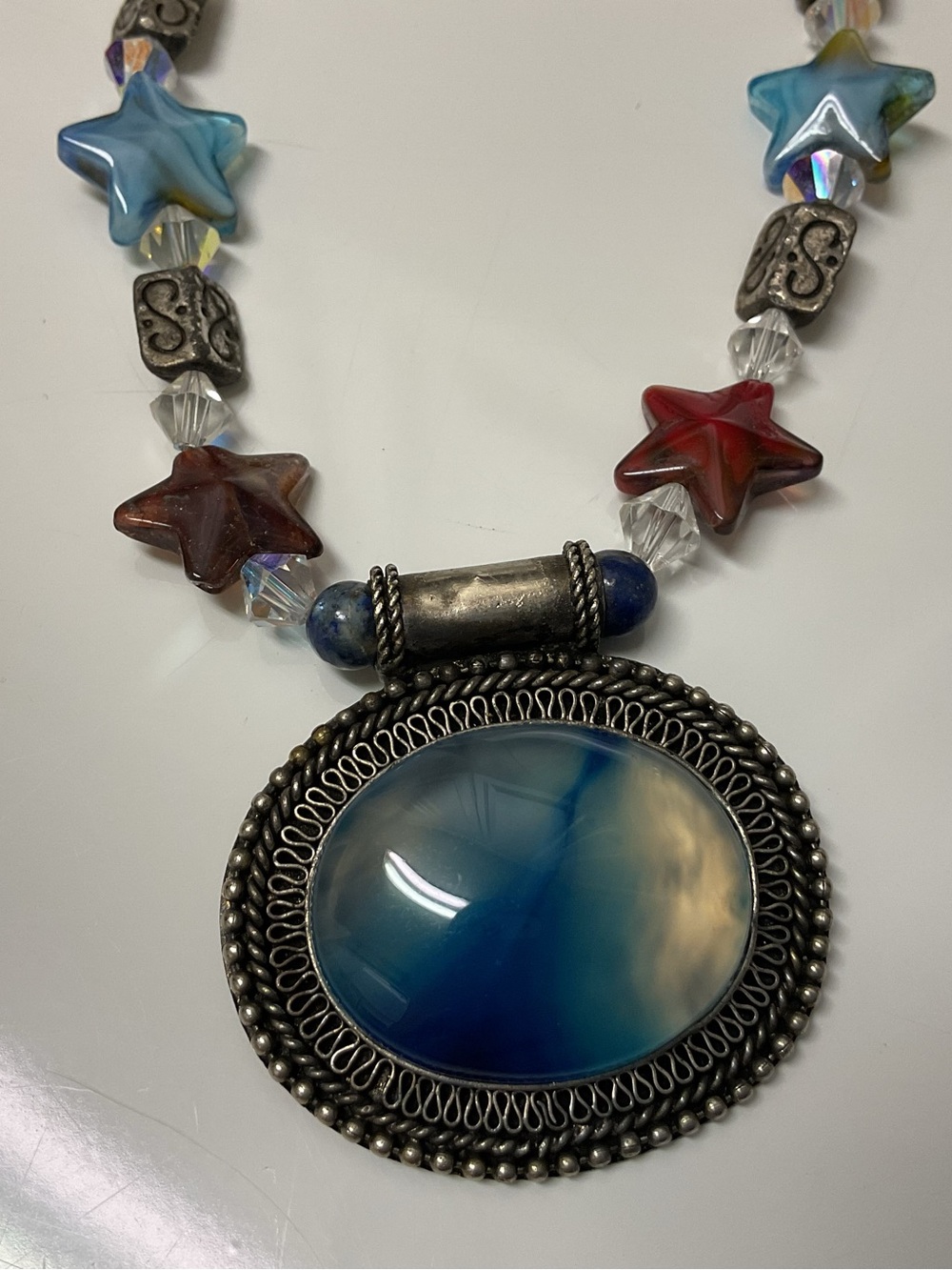 Artisan Blue Agate Oval Pendant Necklace with Multicolor Star Accents